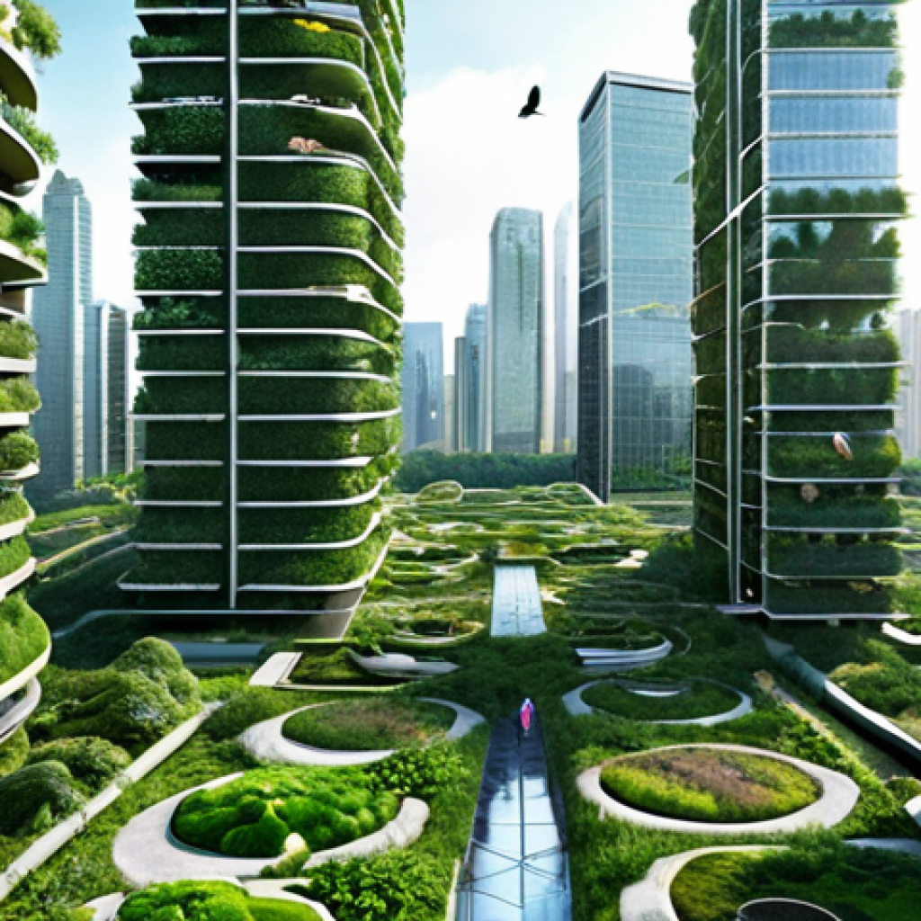 A futuristic urban landscape where nature and technology seamlessly intertwine. Skyscrapers are adorned with vast vertical farms and lush rooftop gardens, interconnected by elevated green ecological corridors bustling with diverse native flora and fauna like birds and butterflies. Subtle holographic interfaces display real-time environmental data (air quality, biodiversity metrics) managed by AI. Children play amidst the greenery, symbolizing a harmonious coexistence between humans and a thriving urban ecosystem. The overall scene is vibrant, clean, and filled with a sense of peace and sustainability.
