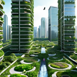 A futuristic urban landscape where nature and technology seamlessly intertwine. Skyscrapers are adorned with vast vertical farms and lush rooftop gardens, interconnected by elevated green ecological corridors bustling with diverse native flora and fauna like birds and butterflies. Subtle holographic interfaces display real-time environmental data (air quality, biodiversity metrics) managed by AI. Children play amidst the greenery, symbolizing a harmonious coexistence between humans and a thriving urban ecosystem. The overall scene is vibrant, clean, and filled with a sense of peace and sustainability.