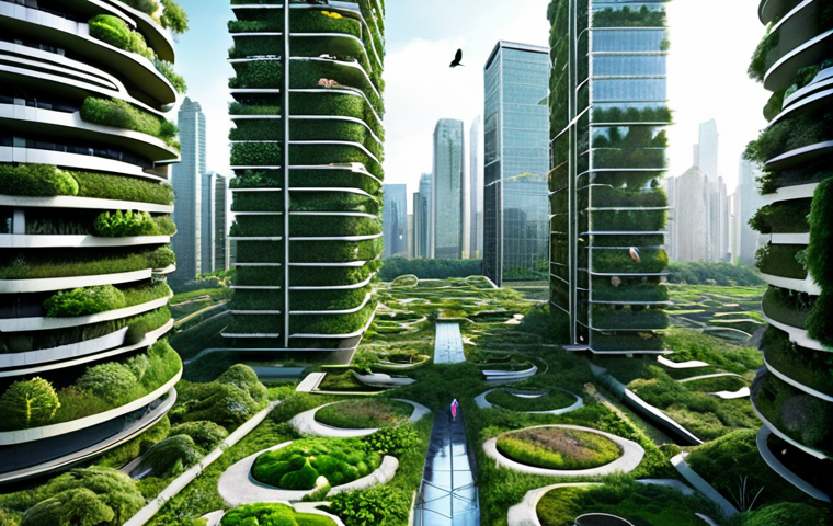 A futuristic urban landscape where nature and technology seamlessly intertwine. Skyscrapers are adorned with vast vertical farms and lush rooftop gardens, interconnected by elevated green ecological corridors bustling with diverse native flora and fauna like birds and butterflies. Subtle holographic interfaces display real-time environmental data (air quality, biodiversity metrics) managed by AI. Children play amidst the greenery, symbolizing a harmonious coexistence between humans and a thriving urban ecosystem. The overall scene is vibrant, clean, and filled with a sense of peace and sustainability.