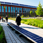 A vibrant, modern urban park designed for sustainability. In the foreground, diverse people of various ages are gently strolling or sitting on benches, all fully clothed in modest, comfortable attire. The park features lush green spaces, diverse native plants, and a visible rain garden with permeable paths. In the background, a beautifully repurposed old factory building stands, now a community cultural center with solar panels integrated into its roof, demonstrating architectural regeneration and sustainable energy. The scene is bathed in natural daylight, emphasizing clean air and a serene atmosphere. Professional photography, high quality, safe for work, appropriate content, perfect anatomy, correct proportions, natural pose, professional, family-friendly.