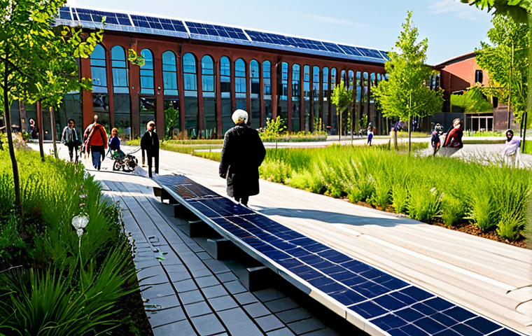 A vibrant, modern urban park designed for sustainability. In the foreground, diverse people of various ages are gently strolling or sitting on benches, all fully clothed in modest, comfortable attire. The park features lush green spaces, diverse native plants, and a visible rain garden with permeable paths. In the background, a beautifully repurposed old factory building stands, now a community cultural center with solar panels integrated into its roof, demonstrating architectural regeneration and sustainable energy. The scene is bathed in natural daylight, emphasizing clean air and a serene atmosphere. Professional photography, high quality, safe for work, appropriate content, perfect anatomy, correct proportions, natural pose, professional, family-friendly.